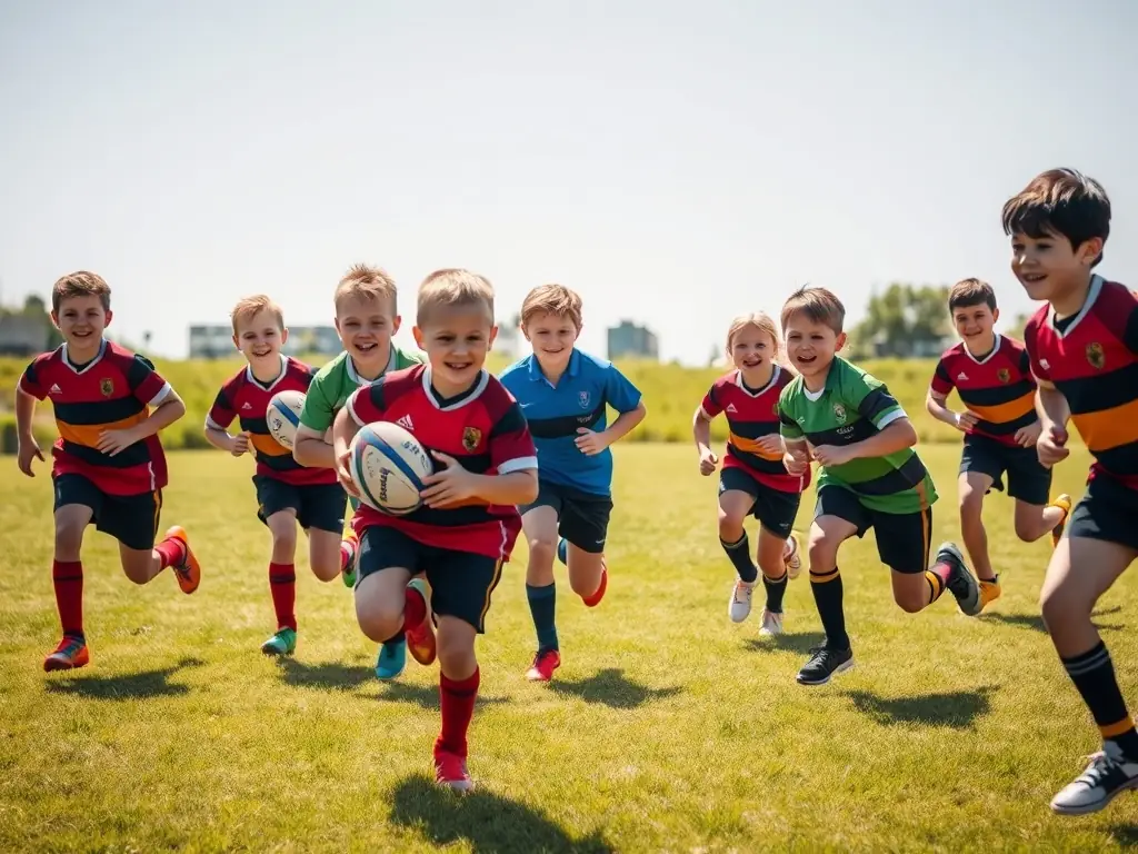 A group of young rugby players participating in a training session on a sunny field, focusing on teamwork and skill development.