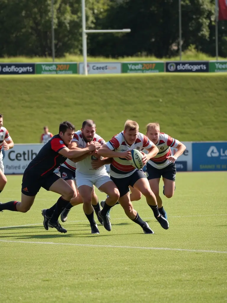 A photo of adult rugby players in action during a competitive match, demonstrating the intensity and camaraderie of the sport.