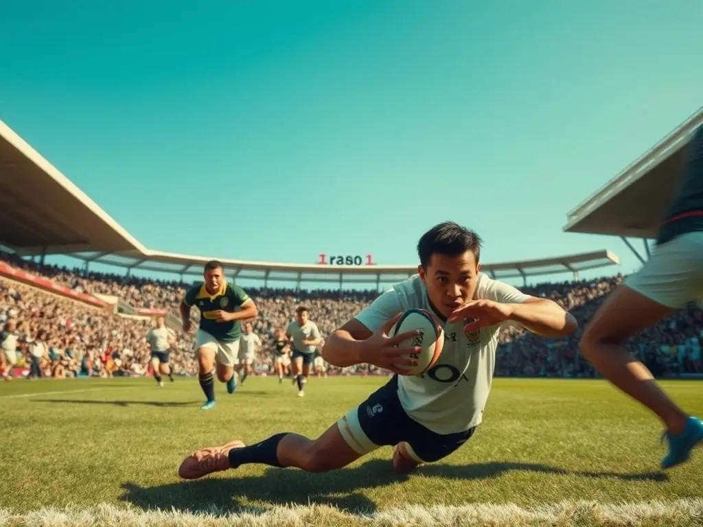 A dynamic image of a senior rugby team in action during a competitive match, showcasing the intensity and camaraderie of the sport.