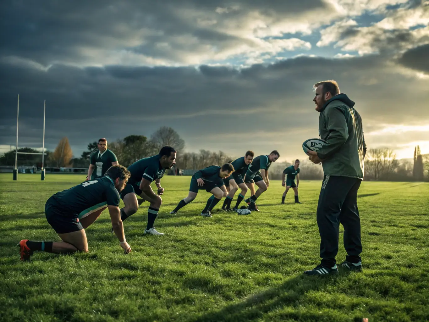 A dynamic action shot of young rugby players participating in a training session, showcasing teamwork and skill development under the guidance of experienced coaches at RCAV RUGBY CLUB ARPAJON VEINAZES.