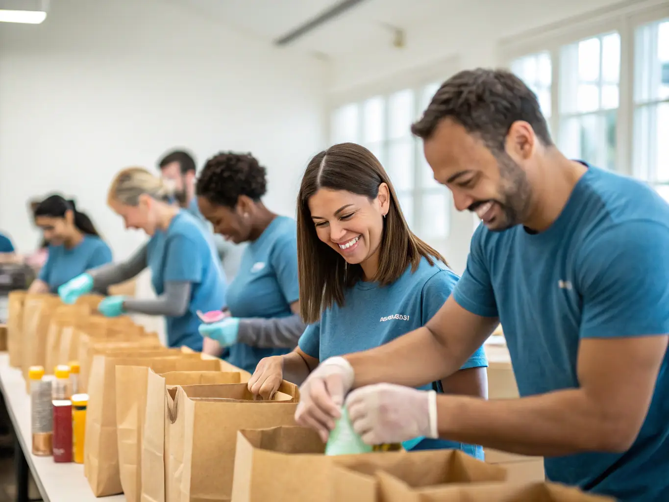 A photo of RCAV Rugby Club members volunteering at a local charity event, packing food boxes and assisting with distribution, highlighting the club's dedication to community service and social responsibility.