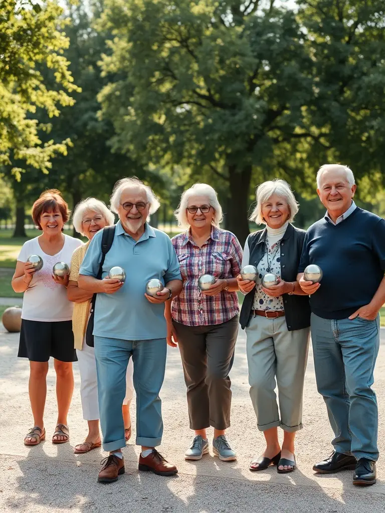 A group of senior citizens participating in a walking rugby session, emphasizing the accessibility of the sport for all age groups.