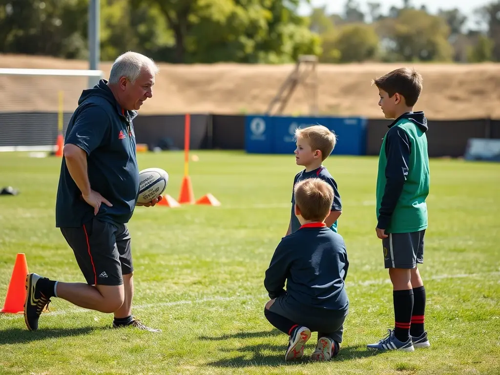 A group of RCAV Rugby Club players mentoring young children in a rugby clinic, demonstrating the club's commitment to youth development and promoting the values of teamwork, discipline, and respect.