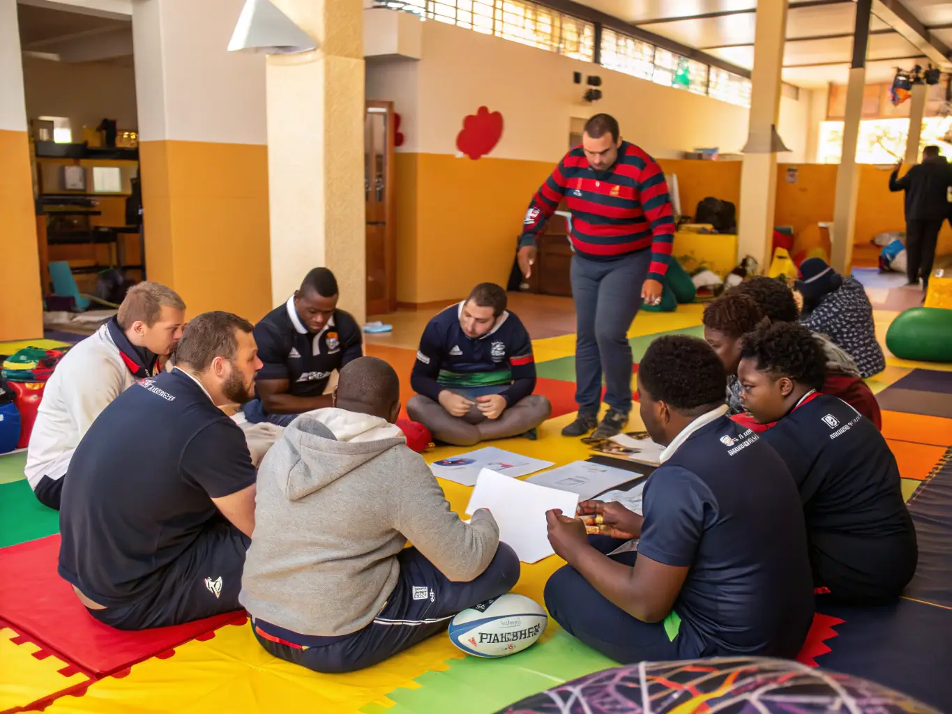 A diverse group of young rugby players from RCAV Rugby Club participating in a community outreach event, smiling and interacting with local residents, showcasing the club's commitment to social inclusion and community engagement.